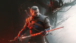 The Witcher 3 Songs of the Past key art cropped showing Geralt holding a new sword in front of some sort of monster
