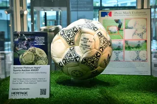 The ball that was used in the 1986 World Cup match between Argentina and England during which Diego Maradona scored the “Hand of God” goal is displayed at Heritage Auctions in Beverly Hills, California. Photo: AFP