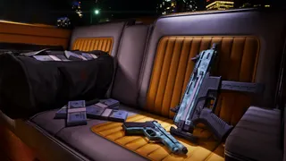 Official GTA 6 image showing some guns and cash on the back seat of a car