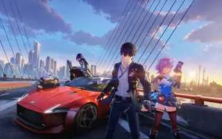 Key art from Ananta, showing four characters next to a sports car on a suspension bridge