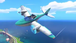 A Mii flies a prop plane over a blue sea