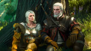 The Witchers Ciri and Geralt of Rivia rest against the trunk of a tree in The Witcher 3: Wild Hunt’s next-gen upgrade on Xbox Series X
