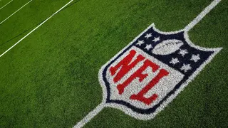 NFL logo on the field at Highmark Stadium in Orchard Park, New York
