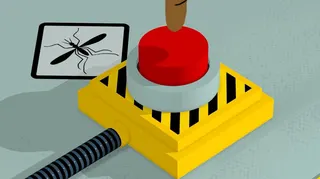 Illustration of a big red button next to an image of a mosquito and a finger poised to push it