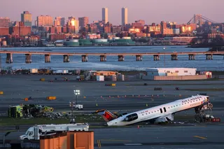The wreckage of an Air Canada Express jet that collided with a ground vehicle is seen at New York’s LaGuardia Airport in March. Photo: Reuters