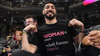 Enes Kanter Freedom stands prior to a game at Wintrust Arena in Chicago.