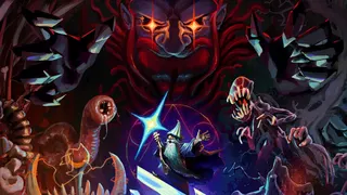 Key art for the  Dwarf Fortress Myth and Magic update, showing a dwarven wizard casting a spell beneath the looming, ominous figure of Armok.