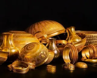 Gold vases, bowls, bracelets and ornaments from the Treasure of Villena sit piled together