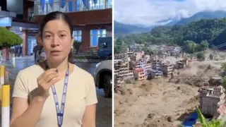 Woman holding a microphone split screen with flood tearing through a village.