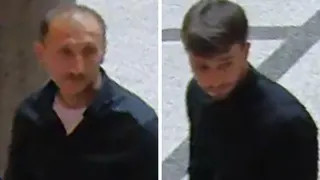 Grainy stills of two men walking through an atrium wearing dark tops.