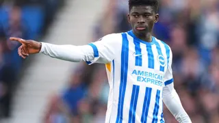Brighton's Carlos Baleba directs play during the English Premier League soccer match between Brighton and Hove Albion and Fulham at the Amex Stadium in Brighton, England, March 8, 2025.