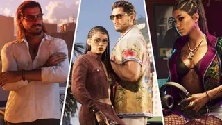 GTA 6 - Three images of GTA 6 characters cut and pasted together. From left to right: Raul, Lucina and Jason, Bae-Luxe