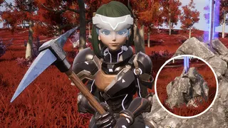 Palworld - A pal trainer holding a pickaxe. In the small, lower right circle, there's a cut out image of Chromite.