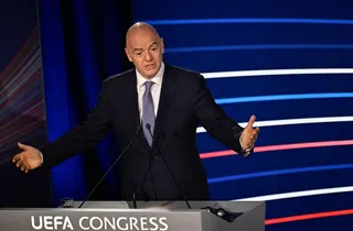 President of FIFA Gianni Infantino gestures as he delivers a speech during the 48th UEFA ordinary Congress held at the Maison de la Mutualite in Paris on February 8, 2024. UEFA is preparing a complaint under Swiss law against FIFA president Gianni Infantino for “unfair management”, following his failed plan to open up the World Cup to private investors, it was revealed on August 27, 2026 by a source close to the matter. — AFP pic