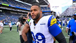 Aaron Donald #99 of the Los Angeles Rams looks on after the game against the Seattle Seahawks at Lumen Field on September 10, 2023 in Seattle, Washington. The Los Angeles Rams won 30-13.