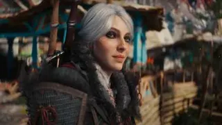 Ciri — The Witcher 4’s silver-haired female protagonist — leans against a balcony, smiling.