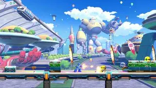 Mega Man shoots an enemy in Mega Man: Dual Override.