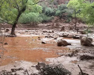 Muddy floodwater flows through Bright Angel Creek past debris and a destroyed stone footbridge