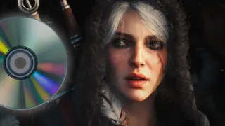 A warrior woman with a furry hood, pale freckled skin, dark eye make-up and a long scar down her cheek - and silver-white hair - looks sideways towards an overlaid image of a disc that's approaching her. It's Ciri from The Witcher 4. And a disc.
