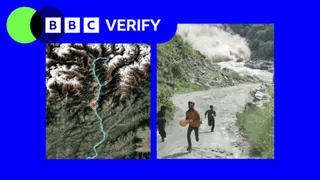 A composite image showing map and a screengrab from a verified video that has emerged from Nepal following floods. The picture on the left shows a map of the Trishuli river, the picture on the right shows people fleeing from the flood water