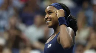 Coco Gauff celebrates winning her first-round match at the 2026 US Open