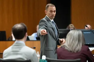 Deputy Utah County Attorney Ryan McBride points to defendant Tyler Robinson in court. Photo: The Salt Lake Tribune via AP