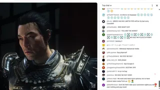 A screenshot taken of the Sony State of Play during the Ghost of Yotei trailer, with a very angry chat alongside it.