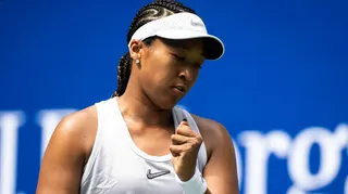 Naomi Osaka celebrates winning a point during her US Open second round match