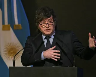Argentina's President Javier Milei delivers a speech in which he said the "winds of change" favoured Argentina's claim to the Falkland Islands.