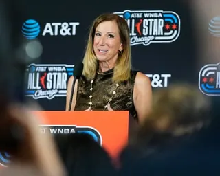 Cathy Engelbert speaks at a press conference.