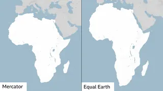 Side-by-side maps of Africa comparing two map projections. The Mercator projection on the left makes Africa appear smaller in comparison with Europe to its north. The Equal Earth projection on the right shows a longer, more proportionally accurate shape of the continent.