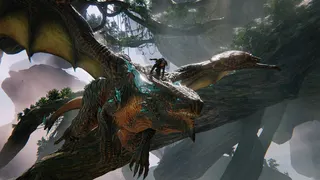 Screenshot from Scalebound, showing a man riding a massive dragon through a thick, magical forest.