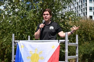 Philippine Vice-President Sara Duterte speaks during a demonstration outside the International Criminal Court in The Hague, Netherlands, on July 29. Photo: AP
