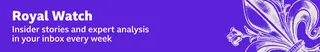 Thin, purple banner promoting the Royal Watch newsletter with text saying, “Insider stories and expert analysis in your inbox every week”. There is also a graphic of a fleur-de-lis in white.