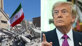 Split screen. Left, Iran war amongst the rubble. Right, Donald Trump is seen.