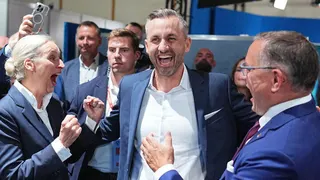 Ulrich Siegmund, top candidate of the AfD state parliamentary group in Saxony-Anhalt, celebrates the results withfederal AfD chairwoman Alice Weidel, in Magdeburg, Germany, on September 6, 2026